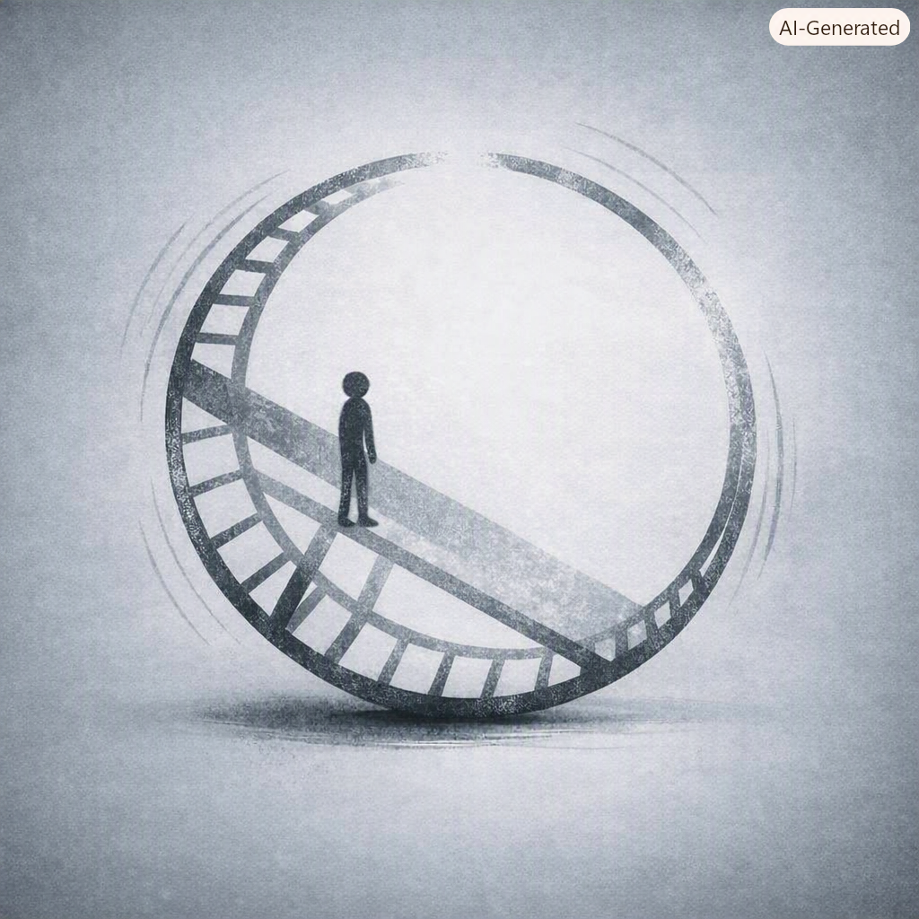 Innehalten im Alltag – Was ist dein Normal? Illustration einer Person, die im Hamsterrad stehen bleibt – der Moment des Innehaltens und Hinterfragens von Gewohnheiten.