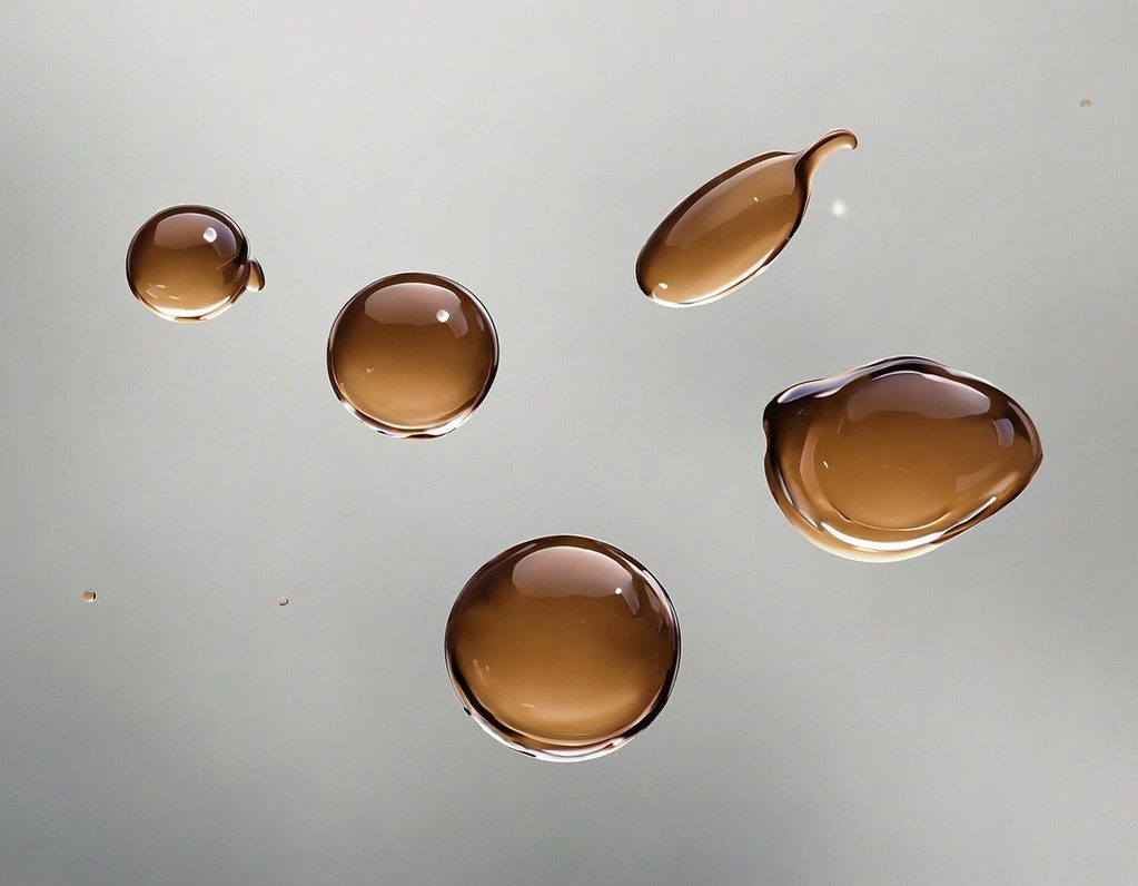 Angelika Stux - Für wen mein Zuhören gedacht ist Bronzefarbene Wassertropfen in verschiedenen Größen auf einer glatten, grauen Oberfläche.