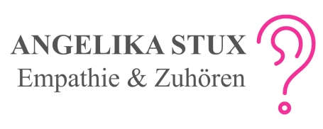 Logo von Angelika Stux: Links steht Angelika Stux, darunter ihr Angebot ‚Empathie & Zuhören‘. Rechts daneben befindet sich ein pinkfarbenes Fragezeichen, das gleichzeitig ein Ohr darstellt.
