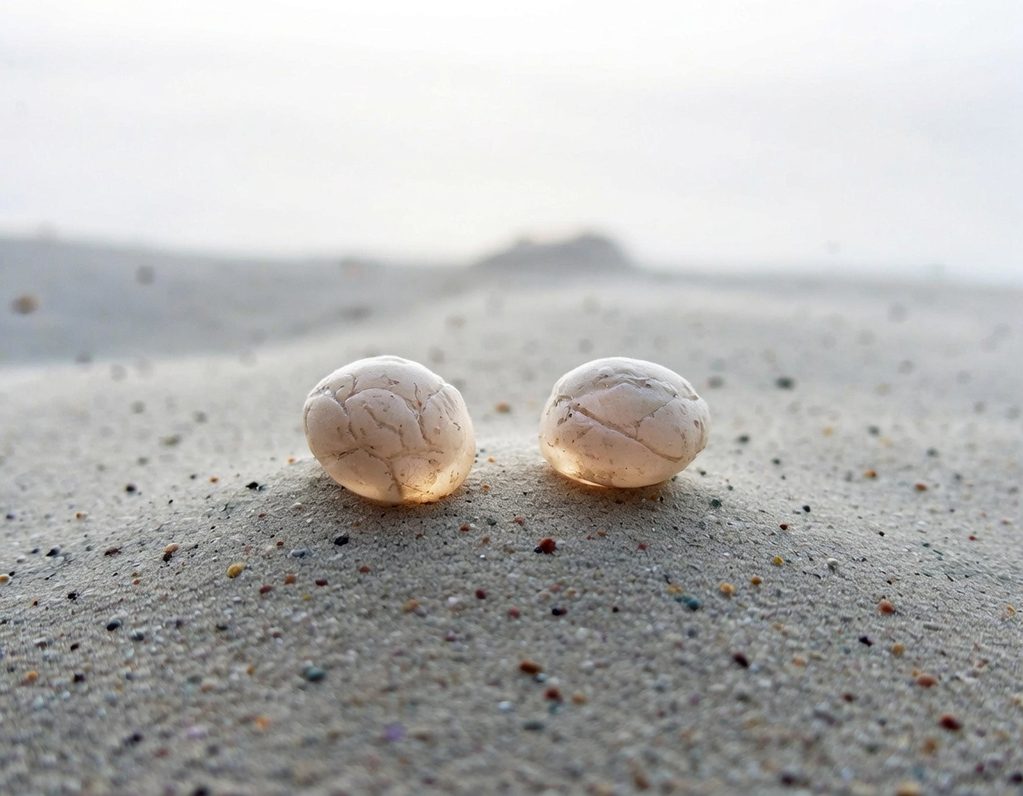 Angelika Stux - Aus dem Herzen Zwei kleine Glaskügelchen liegen im weichen Sand, sanft von Sonnenlicht beleuchtet. Die Glaskügelchen sind durchzogen mit feinen Einkerbunge